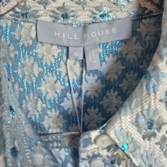 Hill House New The James Shirt Snowflake Brocade Metallic Blue Blouse SZ Small - Picture 7 of 11